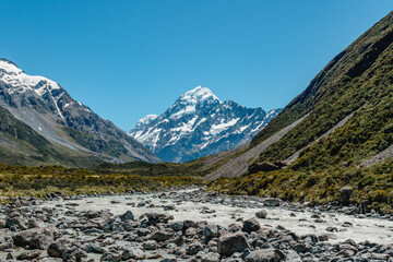 View of Aoraki Mount Cook National Park from Hooker Valley Track, South Island of New Zealand