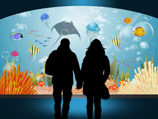 illustration of visitors in the aquarium