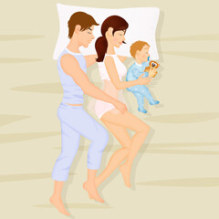 illustration of couple sleeping with baby in the bed