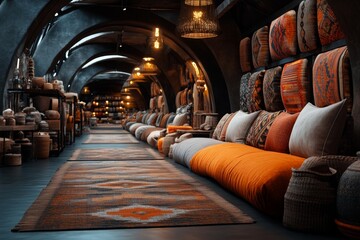 A futuristic interpretation of an Uzbek bazaar, with holographic displays showcasing traditional textiles and digital patterns blending with vibrant market scenes
