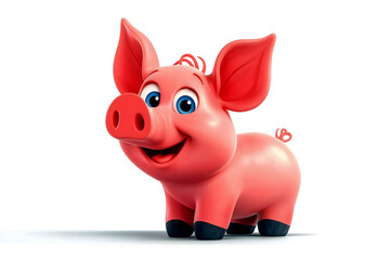 Obraz premium A cheerful cartoon pig with a vibrant pink body and expressive blue eyes stands happily. The character has a friendly smile that adds to its charm, making it appealing