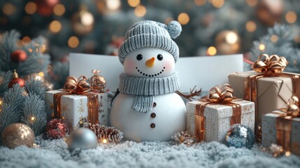 Christmas Snowman Surrounded by Festive Gifts. Generative AI