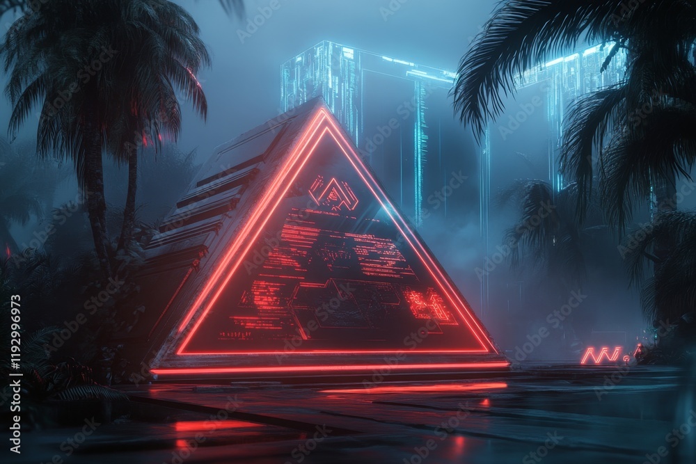 Poster a futuristic reimagining of the uxmal pyramid with glowing aztec-style holograms and digital glyphs 