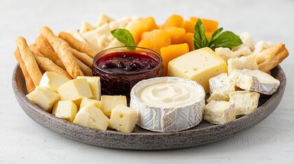 Delightful Cheese Platter with Fruits, Crackers, and Jelly