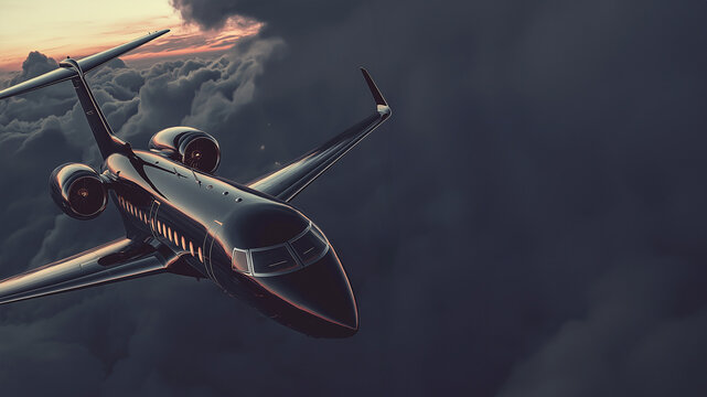 Eleganter schwarzer Privatjet gleitet majest&auml;tisch &uuml;ber einer wei&szlig;en Wolkendecke. Luxuri&ouml;se Luftaufnahme symbolisiert exklusives Reisen und Status