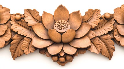 Ornamental Thai-Style Wood Carving with Lotus Flowers in Mahogany Finish