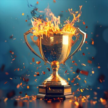 Celebrate Your Victory with this Stunning Blue and Golden Trophy Surrounded by Flames for Sports Events and Competitions