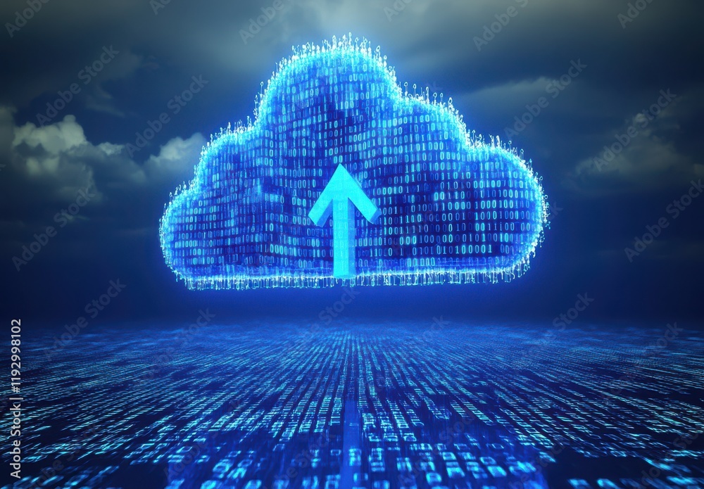 Poster futuristic cloud computing concept with digital binary data and arrow symbolizing data upload agains
