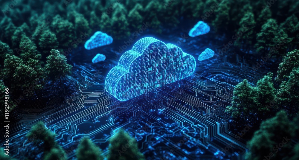Poster futuristic cloud computing concept with digital circuitry and nature elements featuring glowing clou