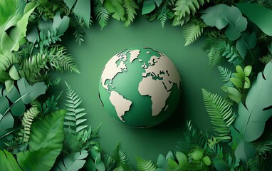 Earth globe made of paper, encircled by lush green plants, representing environmental care, Earth Day message, protecting the planet s future