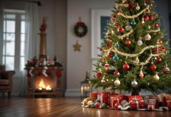 A Christmas tree decorated with ornaments and a single stocking , festive, Christmas tree, decorative