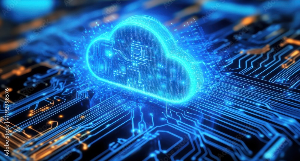 Poster futuristic cloud computing icon on abstract circuit board display with glowing elements and digital 