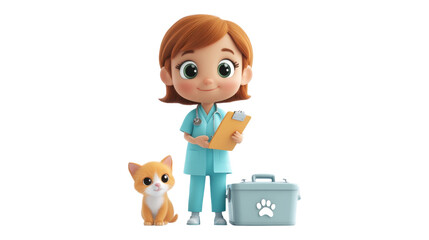 3D illustration of a little girl holding a pet information clipboard to help check your pet's health.