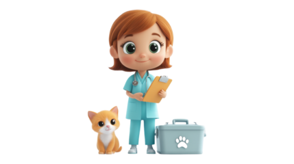 3D illustration of a little girl holding a pet information clipboard to help check your pet's health.