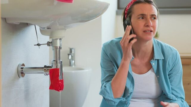 Woman calling a plumber for a leaky sink drain pipe