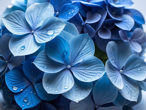 Close-up of a cluster of delicate blue hydrangea flowers with dewdrops, highlighting intricate petal details and soft textures.