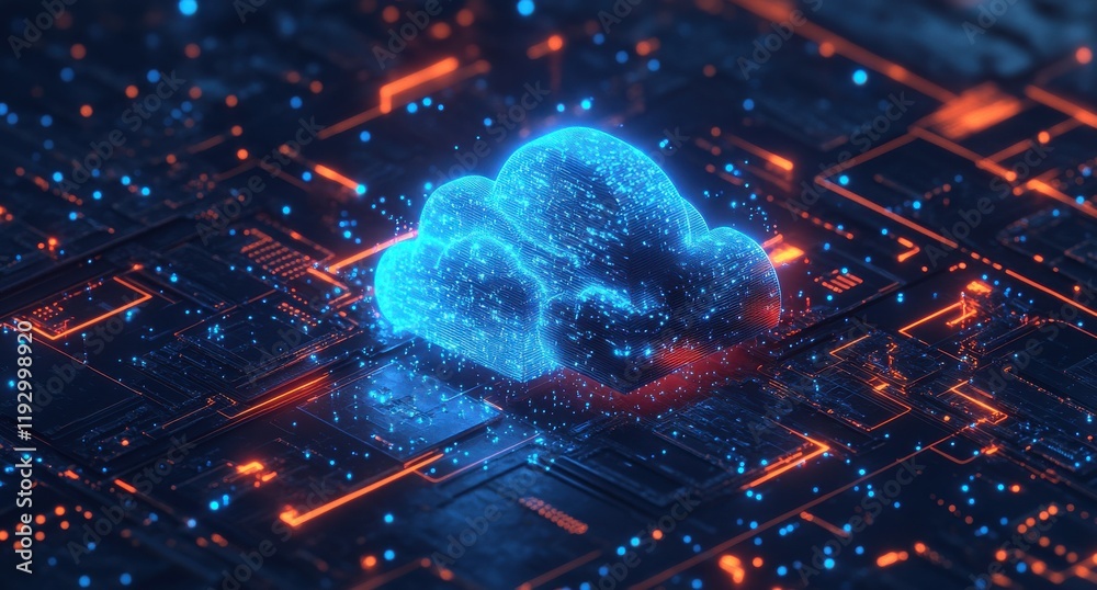 Poster futuristic cloud technology concept with glowing digital circuitry representing data storage and pro