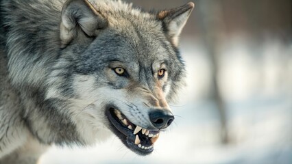 Obraz premium A close-up of a gray wolf's face shows its sharp teeth and piercing eyes, set against the soft focus of its surroundings, close-up, gray wolf