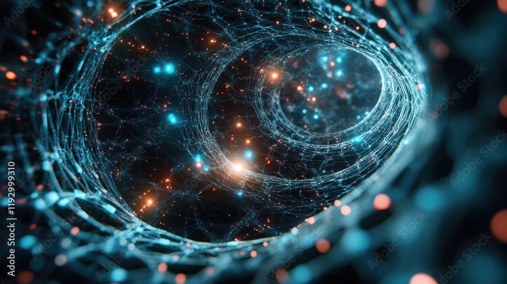 Poster a d network mesh with dynamic glowing nodes and a modern tech-inspired aesthetic.