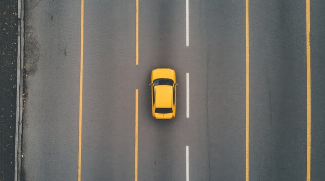 Aerial view of yellow car driving on highway.
