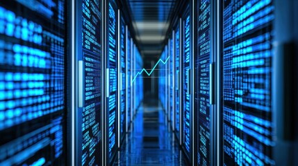 A futuristic server room illuminated in blue, showcasing rows of data storage units and a digital graph overlay.