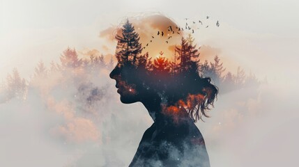 A woman's profile silhouette blended with a forest and sunset backdrop, showcasing a dreamy concept of nature and freedom, identity