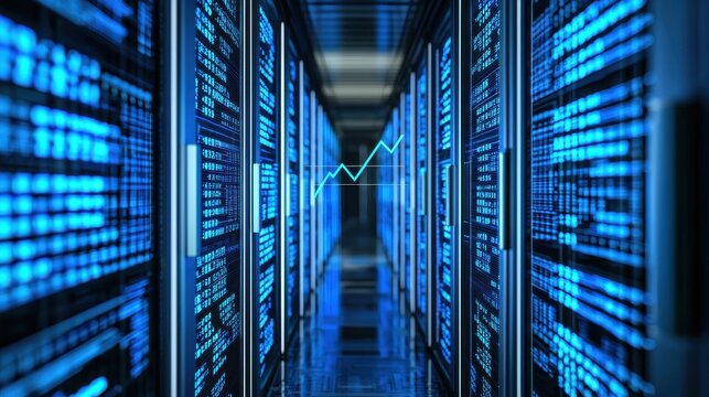 A futuristic server room illuminated in blue, showcasing rows of data storage units and a digital graph overlay.