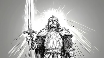 Fototapeta premium Heroic Knight in Ornate Armor Wielding Glowing Sword,Epic Fantasy Character Design