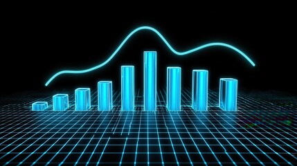 Digital representation of a glowing bar graph with a line chart overlay, showcasing data trends in a futuristic setting.