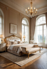 Close-up view of bedroom with bed and chandelier	
