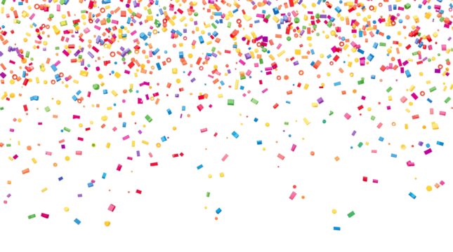 Falling colorful confetties isolated on transparent background. Cut out