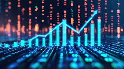 Fototapeta premium Futuristic data visualization with glowing graphs and binary elements representing growth and analytics.