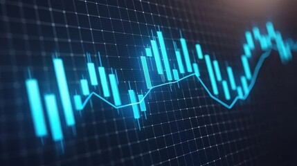 Digital stock market chart displaying fluctuating blue candlestick patterns against a dark grid background.