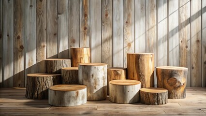 Rustic Wooden Displays for Product Showcasing on a Natural Background
