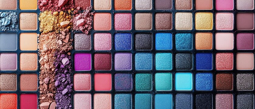 A variety of colorful eyeshadow palettes, organized neatly, highlighting the wide range of makeup options, concept of beauty, cosmetic diversity, generative AI influence