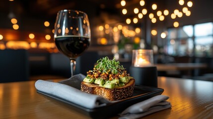 An elegant arrangement of gourmet toast topped with greens paired with a glass of wine, creating a refined dining experience in an atmospheric setting.