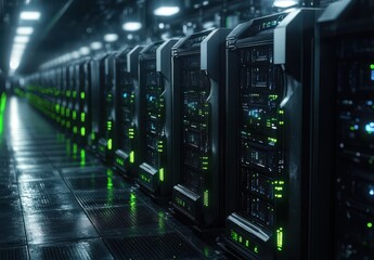 Futuristic Data Center with Rows of Servers Illuminated by Green Lights, Showcasing Modern Technology and Digital Infrastructure in an Expansive Space