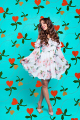 Dynamic image. Full length, legs, body, size vertical portrait of magnificent, winsome, lovable, fascinating woman isolated on shine teal background hold the hem of the summer white dress, look aside