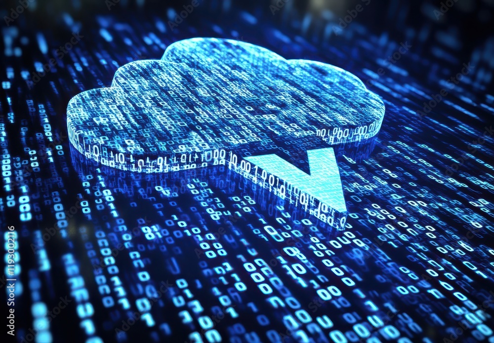 Poster futuristic data transfer concept with cloud symbol and digital binary code flowing down in a high-te