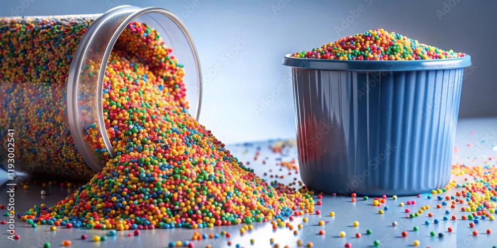 Poster A cascade of colorful sprinkles spills from a clear container into a blue container, creating a vibrant and delightful scene.