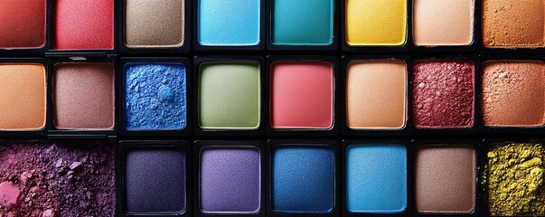 Assorted eyeshadow palettes in vibrant colors, neatly displayed, showcasing beauty and cosmetic diversity, concept of makeup options enhanced by generative AI design