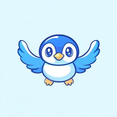 Cute blue bird cartoon flying, light blue background, children's book illustration