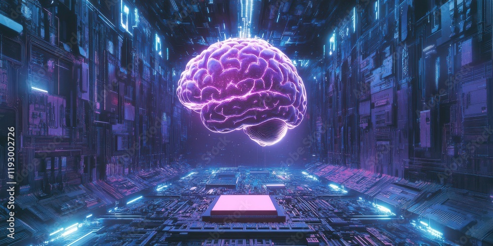 Aufkleber futuristic digital brain surrounded by circuitry and neon lights in a high-tech environment represen