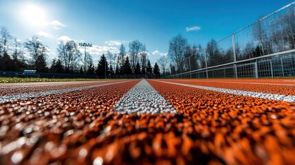 Fototapeta premium A captivating view of a vibrant athletic track, showcasing the bright orange surface and white lines under a clear blue sky, ideal for sports photography and athletic events.