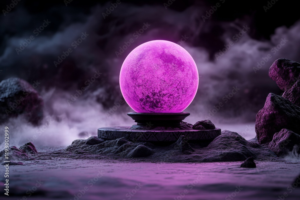 Poster A magical glowing orb floating in isolation under UV light, with intricate runes and ethereal neon patterns swirling around it in a dark mystical setting