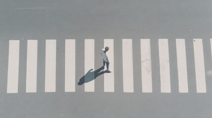 Man crossing pedestrian crossing, aerial view.