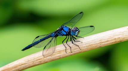 Naklejka premium Blue dragonfly perched on a branch with macro details showcasing its features and natural habitat