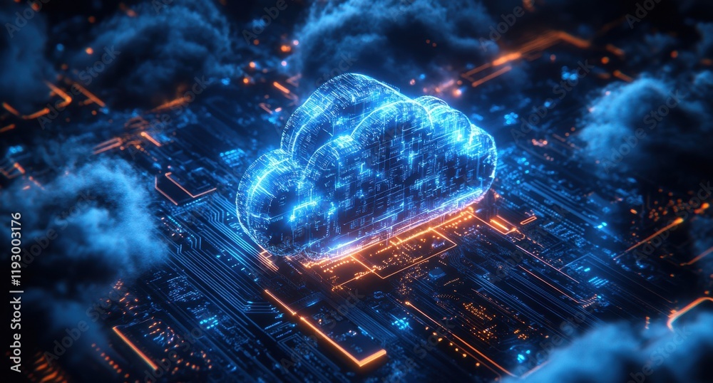 Poster futuristic digital cloud concept with neon lights and circuit board design representing data storage