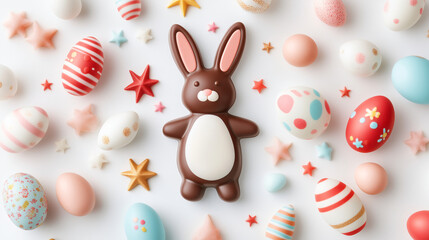 Easter Chocolate Bunny and Eggs: A delightful Easter chocolate bunny surrounded by pastel-colored eggs and star-shaped sprinkles, creating a festive and charming scene perfect for Easter celebrations.