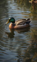 A lone mallard duck swims and dives in a shallow pond, with ripples and waves caused by its movements, wildlife photography, ripples